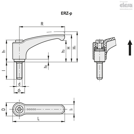 Elesa Black-oxide steel clamping element, threaded screw, ERZ.44-10-32-079 ERZ-p (inch sizes)